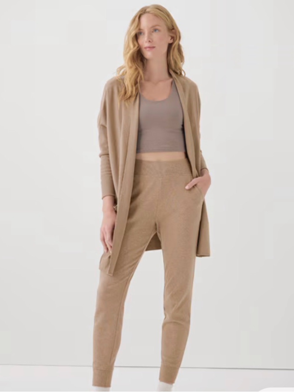 Pact Womenโs Organic Airplane Jogger and Wrap Cardigan Set in Tan XS/S